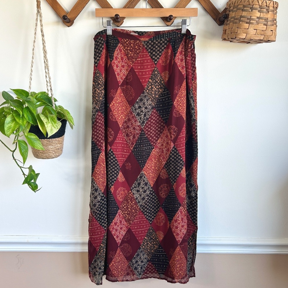 Rena Rowan Vintage Silk Maxi Skirt Burgundy Patchwork Diamond Print Boho